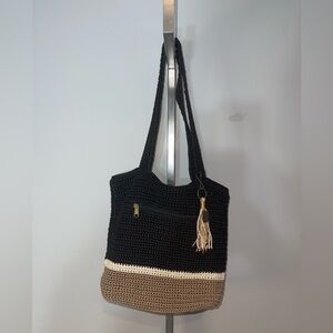 The Sak Crochet Hobo Shoulder Slouch Purse Tote black tan EUC